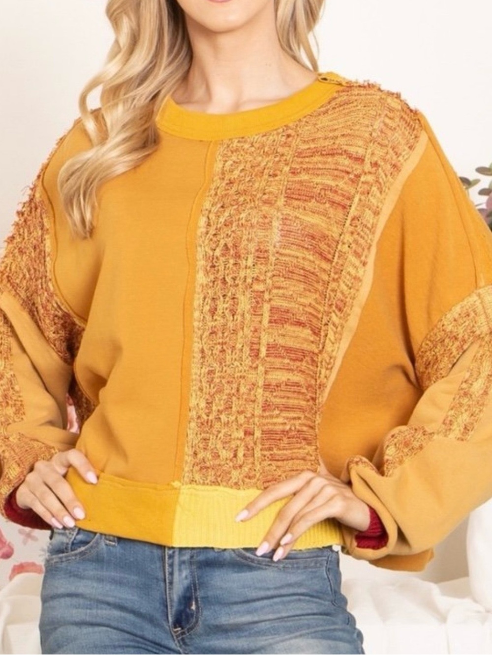Easel Mustard Textured Panel Women's Sweater